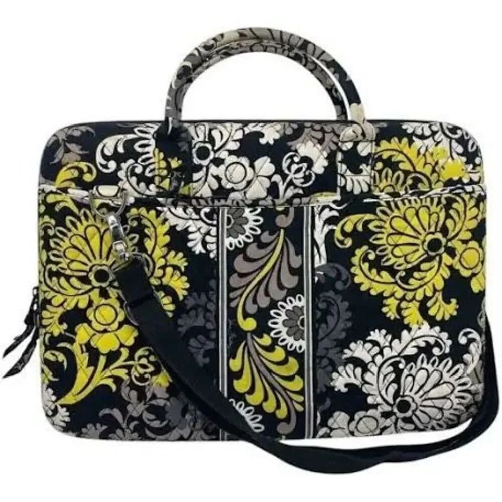 Vera Bradley Laptop Case Messenger Bag Black Yellow Fleur De Lis Paisley Office